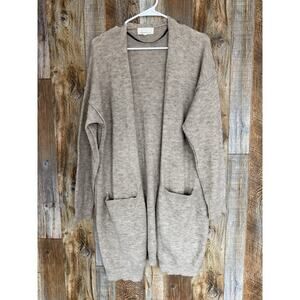 Anthropologie Long Cardigan Womens Large Beige Taupe Open Front Pocket Sweater